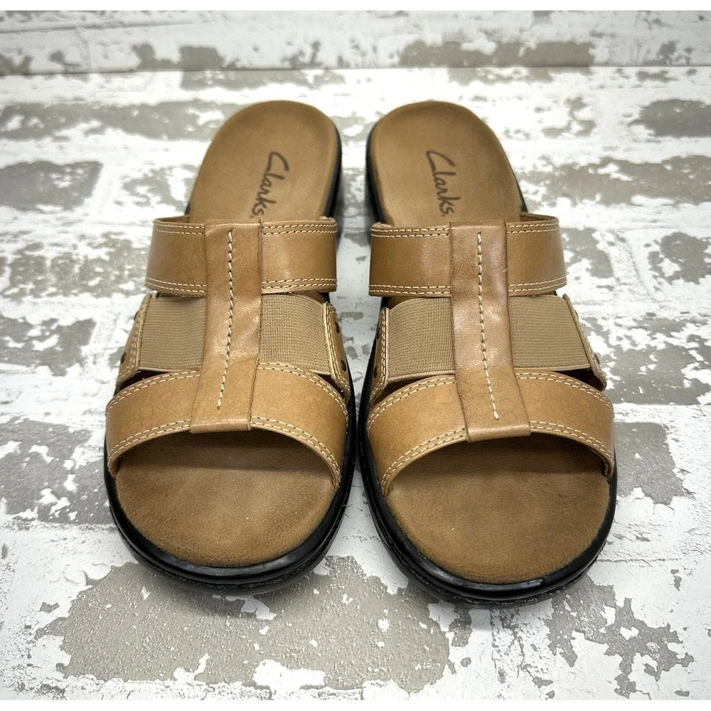Clarks Holiday Sandals Womens‎ Size 7M Sandstone Leather Slide Open Toe